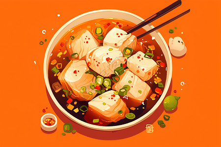 豆腐烧肉美味的佳肴插画