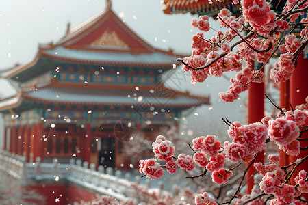 故宫的红梅白雪皑的树木高清图片