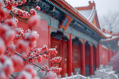 园中的红梅红墙雪景高清图片