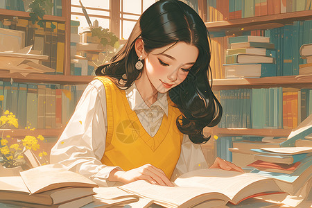学习书架女士沉浸在书店里插画