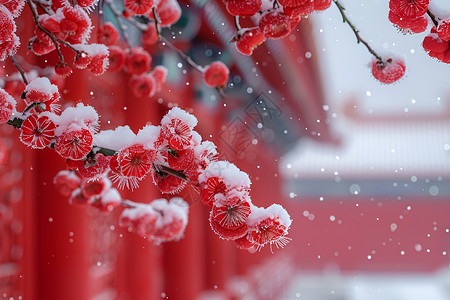 雪中的腊梅红墙雪景高清图片