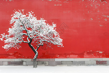 红墙前的梅花背景图片