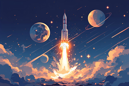宇航飞船升空的火箭插画