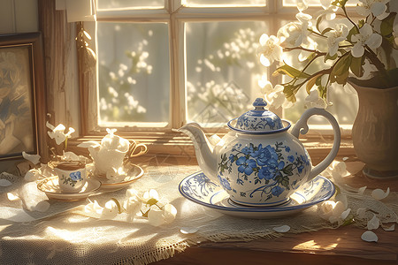 可爱蓝白瓷餐具精致的蓝白瓷茶壶插画