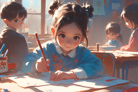拿着铅笔女孩拿着铅笔坐在课桌前的女孩插画