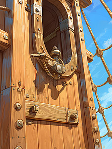 半木结构迷人的老式木船铜贴装饰插画