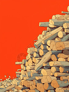 木材素材等待运输的一堆木柴插画