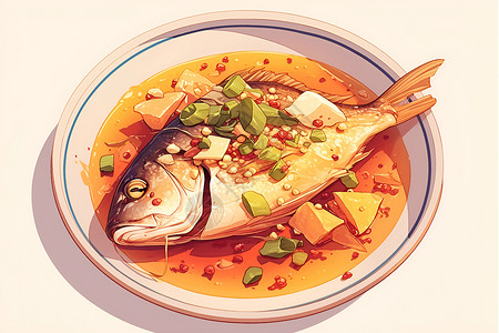 美味鱼肉美味辣椒蒸鱼插画
