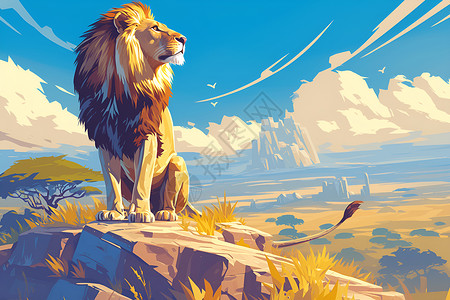非洲平原狮王居高临下俯瞰广袤的非洲草原插画