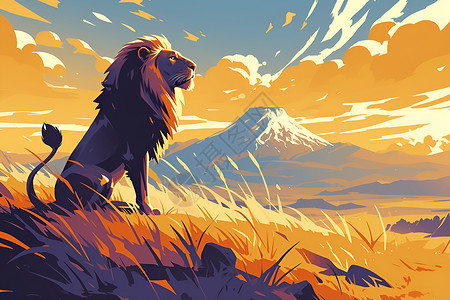 非洲吉卜赛人狮子王者俯瞰非洲大草原插画