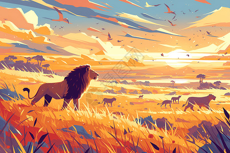 狮鹫草原上狮群的壮丽景象插画
