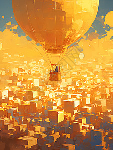 黄色热气球飞翔的人与奇幻气球插画