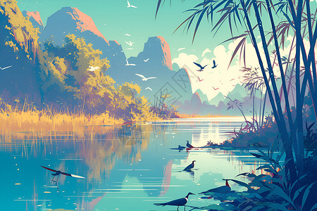 湖边风光湖边的美景插画