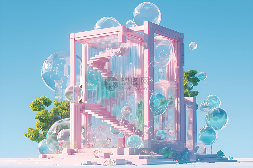 粉色建筑上的气泡图片