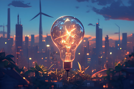科技新能源城市之夜太阳能照亮未来插画