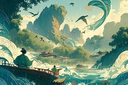 唯美中式山水插画背景图片