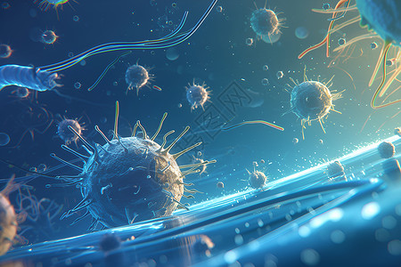 空气细菌微生物漂浮的迷人场景插画