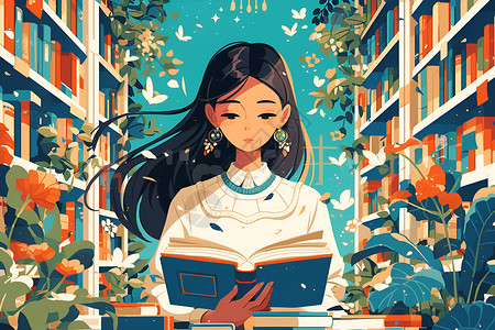 日本图书馆书香翩翩年轻女子插画