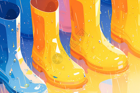 穿雨鞋雨中的雨鞋插画
