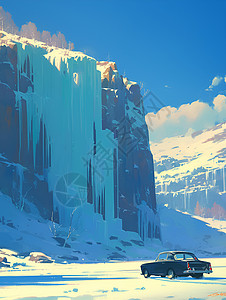 冰瀑素材雪山下的汽车插画