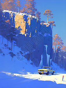 冰瀑旁的驶过的汽车插画