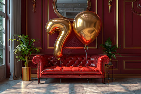 金色沙沙发上的数字气球背景