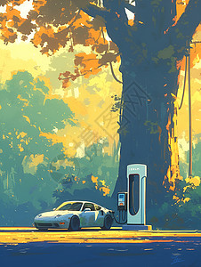 树下的汽车充电站背景图片