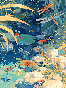 山林水水面上飞舞的蜻蜓插画