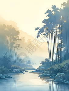 森林溪流宁静的树林插画