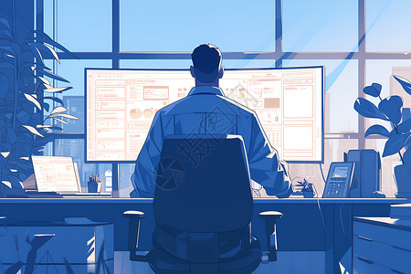 程序员电脑专注工作中的男士插画