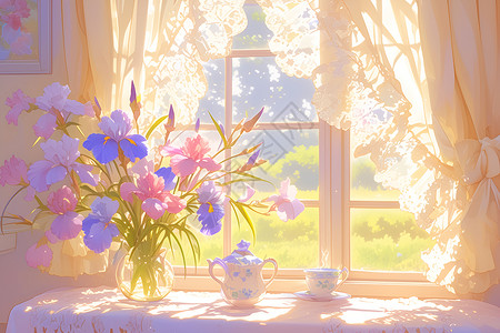 窗帘窗纱花瓶中的鲜花插画