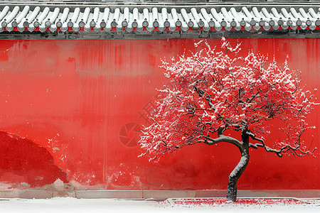 宫雪景宫墙边的梅花树插画