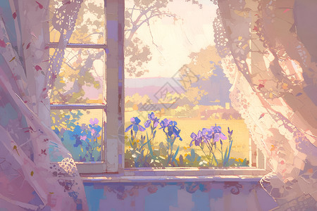 窗帘窗纱窗外艳丽的花海插画