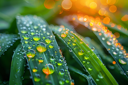 阳光下的草叶水滴背景图片