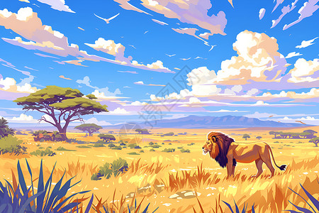 王者争霸赛草原上的狮子插画