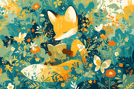 森林里的动物狐狸在花丛里阅读插画