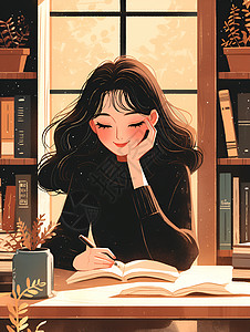 图书馆里沉浸在书海中的女子插画