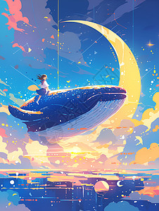 星空下的小女孩和鲸鱼背景图片