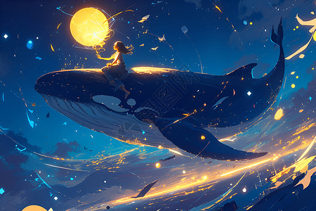 大连星海鲸鱼带着女孩畅游星海插画