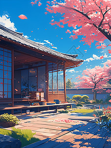日式花园樱花盛开的传统庭院插画