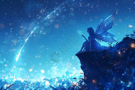 渐变魔法星光光效仙境中的蓝发精灵插画