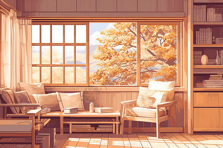 客厅玻璃窗户温馨的客厅插画