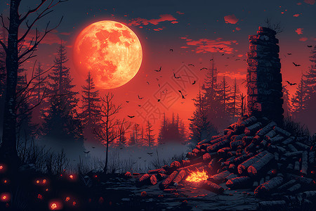 万圣节之夜月亮森林高清图片