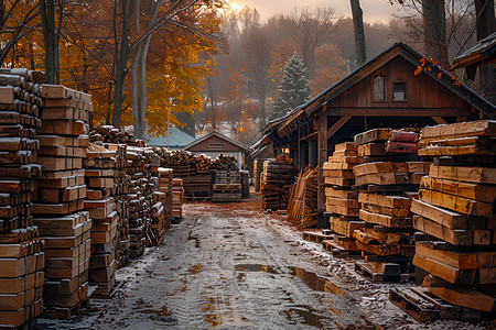 木材堆满的伐木场背景
