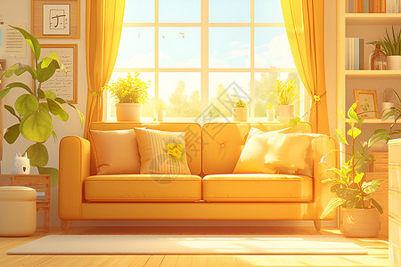 住宅鸟瞰阳光下的舒适沙发插画