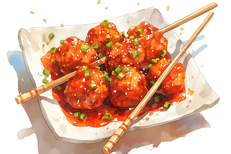 筷子素材美味的红烧丸子插画