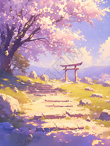 桃花树下的静谧景色背景图片