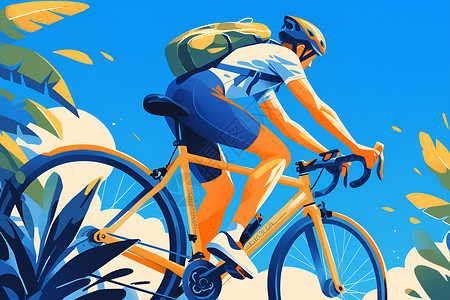 阳光公路阳光下男子骑着黄色公路自行车插画