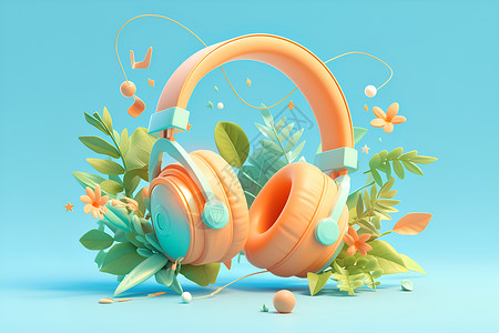 音乐扬声器花草间的耳机插画