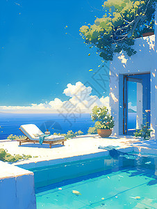 别墅蓝天海边别墅里的泳池插画